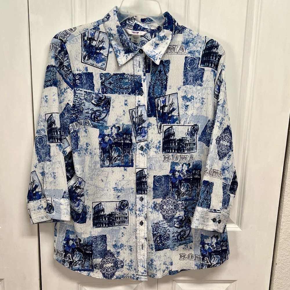 Alia Blue and White Graphic Button-Down Shirt Plus Size 18W
